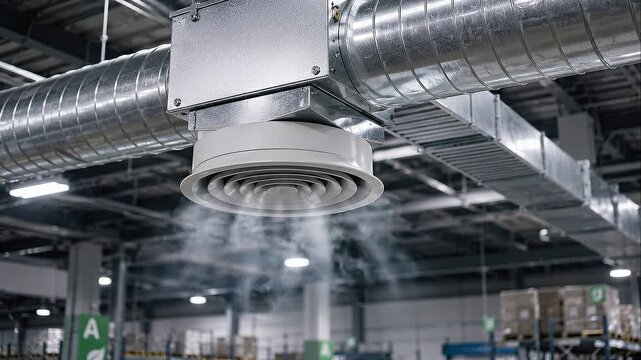 Sustainable warehouse ventilation diffuser and air vent system releasing cool mist into industrial storage space with metal ductwork ceiling shelving