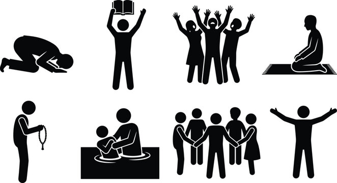 Collection of religious stick figures and icons demonstrating prayer worship baptism studying holy books and faith community isolated on white background