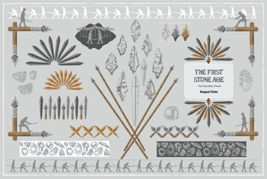 Korean Paleolithic Tanged Point Stone Spear Various Historical Elements Vector Graphic Pack