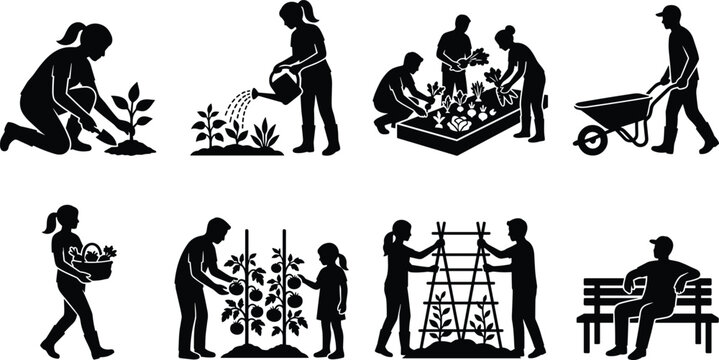 Collection of gardening silhouettes featuring people planting watering weeding harvesting vegetables and working in local backyard garden community isolated on white background