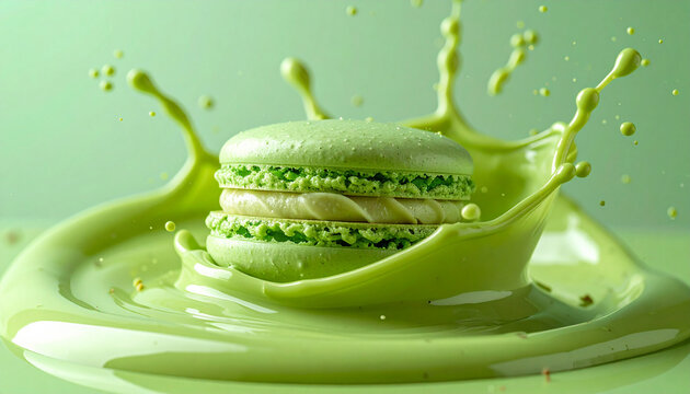 Abstrakte Studio-Makroaufnahme eines einzelnen franz&ouml;sischen Macarons, das in dicke cremige kr&auml;ftig gr&uuml;ne Pistaziencreme eintaucht, flie&szlig;ende Welle, monochrome leuchtend gr&uuml;ne Farbpalette