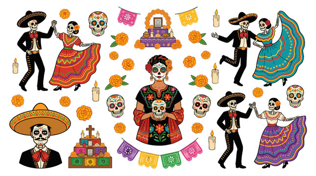 Day of the Dead themed Mexican folk illustration set