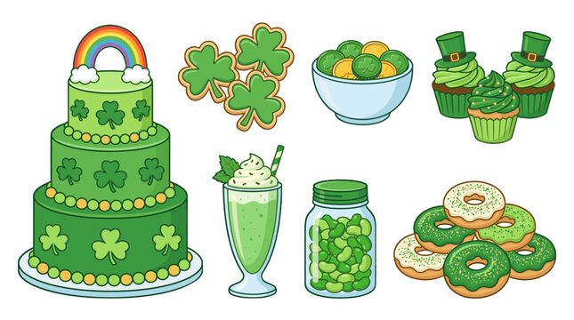 St Patrick themed dessert and treat collection illustration