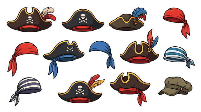 Set of cartoon pirate hats and bandanas on white background