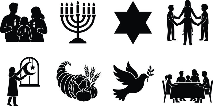 Collection of religious and cultural holiday icons and family silhouettes for Thanksgiving Hanukkah Ramadan and peace concepts