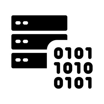 Database server rack with binary code stream for data center processing.
