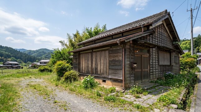 青空と新緑に囲まれた日本の古い木造平屋と田舎の風景
