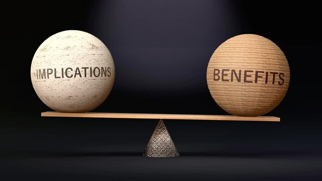 Implications and Benefits in balance - balancing spheres on a scale symbolizing harmony, equity and equilibrium between implications and benefits. Made by human for humans