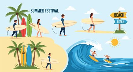 Fototapeta premium Summer festival banner depicting various people surfing waves and carrying surfboards on a sunny tropical beach.