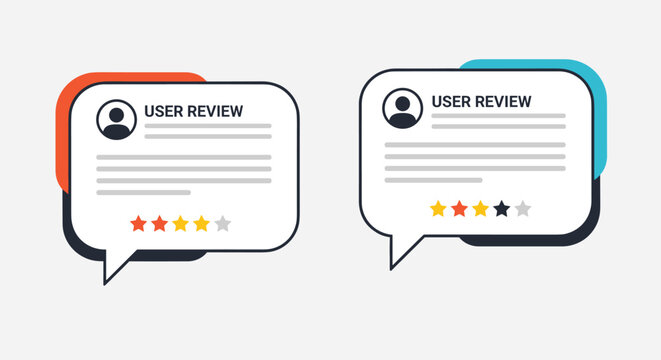 Customer feedback concept with two chat bubbles displaying user reviews and star ratings on a neutral background.