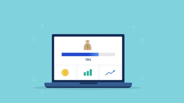 Modern flat vector animation of a laptop displaying a financial performance dashboard with money bag, analytics charts, and progress bar. Ideal for finance, business, software, and web technology proj