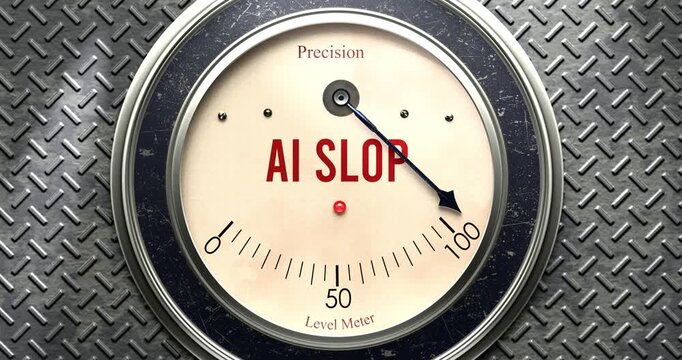 Ai Slop  meter that is hitting a full scale, showing rising levels of ai slop, overload of it, too much of it. Maximum value, off the charts.