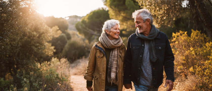 Happy elderly couple wearing warm winter clothes walking in autumn park