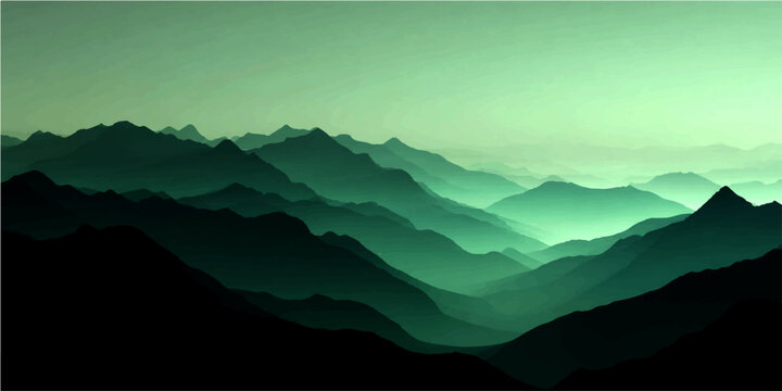 Misty mountain range shrouded ethereal emerald mist, creating dramatic, serene landscape with layers of peaks fading into distance.