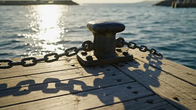 Close-up of a weathered metal bollard and chain on a wooden pier with sparkling water in the background at sunset