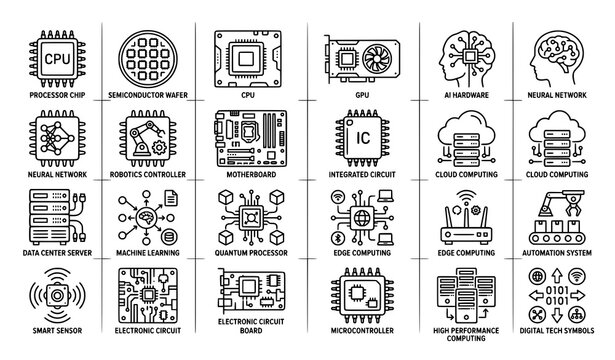 Microchip and semiconductor line icon set with AI hardware cloud computing and data center symbols