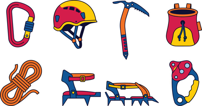 Rock Climbing and Mountaineering Gear Vector Icon Set with Carabiner Helmet Ice Axe Chalk Bag Rope Crampons and Belay Device