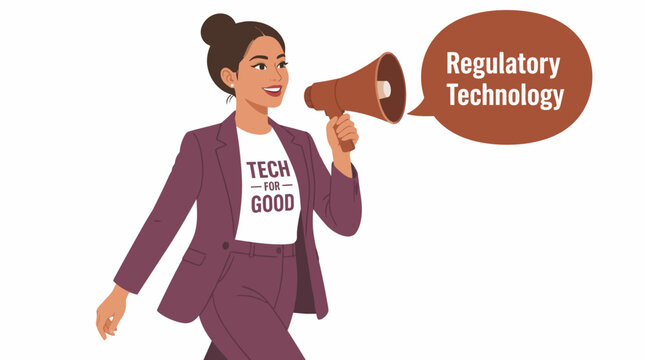 Woman with megaphone promoting regulatory technology.