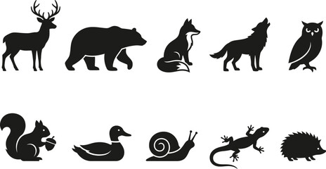 Fototapeta premium Wildlife icons, animal silhouettes, black animals, forest creatures, 10 icon set