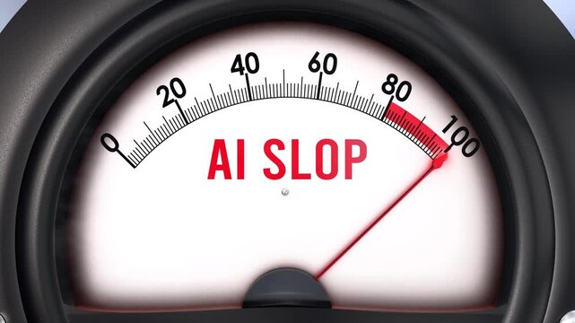 Ai Slop meter that is hitting a full scale, increasing and high levels of ai slop, potential overload. Maximum ai slop value, off the charts.