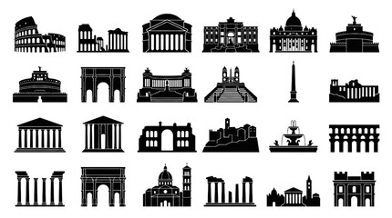 Naklejka na ściany i meble Rome Monuments Black Silhouette Vector Set with Italian Landmark Architecture Collection