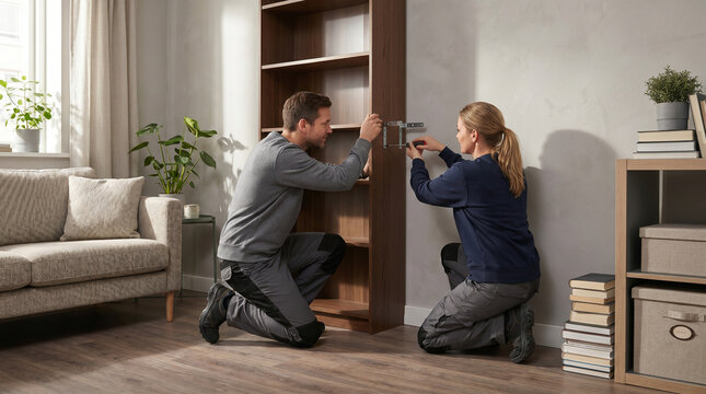 Apartment Residents Securing Bookshelf Wall Brackets For Earthquake Readiness