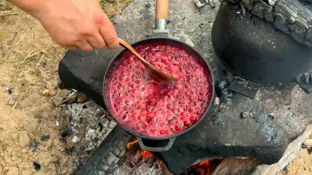 A thick starch mixture is added to the simmering cranberry reduction to achieve the ideal sauce consistency as the final step in this outdoor culinary preparation over an open campfire.