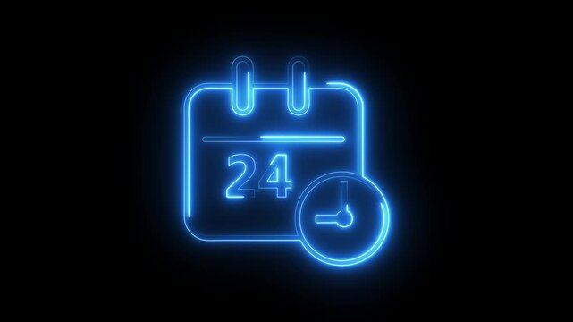 Neon blue calendar icon with clock symbol indicating twenty four hour service time.