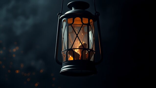 A vintage lantern glowing with warm firelight against a dark, moody, and atmospheric background