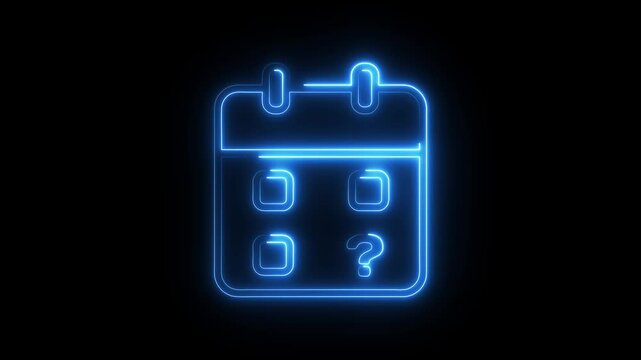 Blue neon calendar icon animation with question mark symbol on black background.