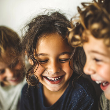  Tres ni&ntilde;os felices riendo juntos amistad multi&eacute;tnica alegr&iacute;a. Aut&eacute;ntica felicidad infantil, inclusi&oacute;n y convivencia ideal para campa&ntilde;as de educaci&oacute;n, diversidad y familia.