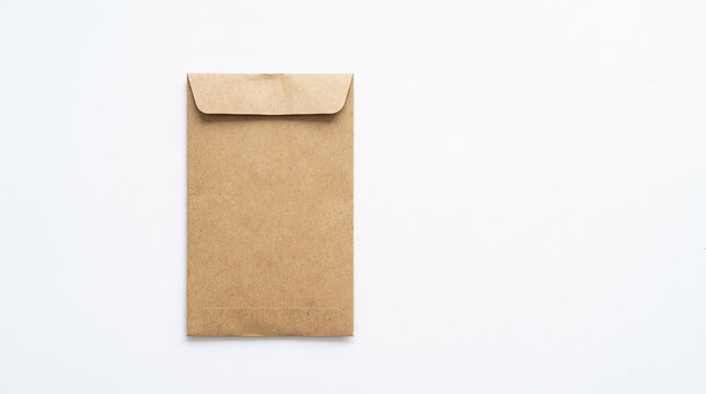 Top view of a blank brown kraft paper envelope on a white background. Vertical seed packet mockup with copy space. Minimalist flat lay composition