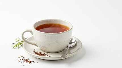 Naklejka premium Rooibos tea in a white ceramic cup on a saucer. Hot herbal beverage with loose tea leaves and spoon isolated on white background