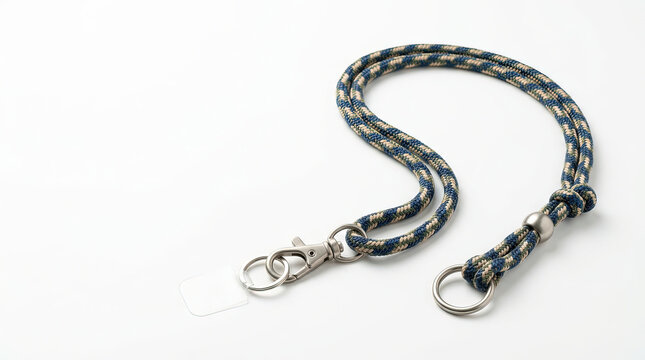 Patterned paracord phone lanyard with metal clasp. Woven rope neck strap with transparent attachment patch isolated on white background. Modern mobile accessory