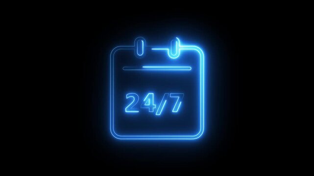 Neon blue light glowing calendar icon symbol for twenty four seven service access.