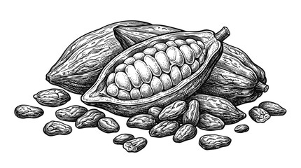 Fototapeta premium Cocoa Pods and Beans Botanical Engraved Ink Sketch Illustration