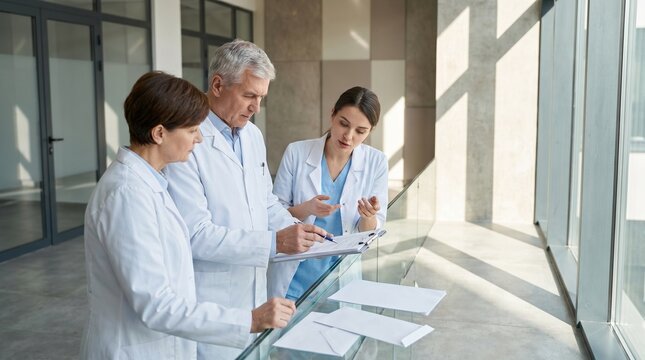 Gastroenterology Doctors Discussing Referral Case In Outpatient Corridor