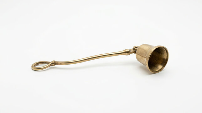Vintage brass candle snuffer with long handle. Antique metal flame extinguisher isolated on white background