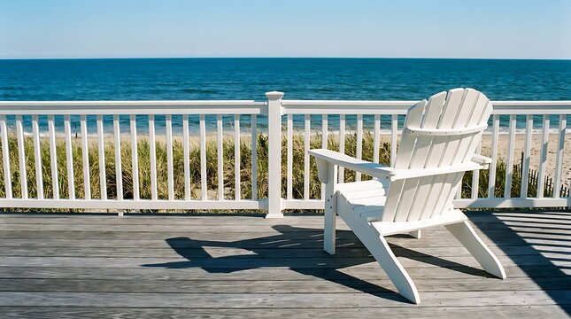 Empty white adirondack chair on a wooden deck overlooking the ocean in the summer with vacation furniture seascape daylight