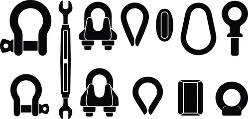 Industrial rigging hardware wire rope fittings and lifting equipment icons set with black silhouettes isolated on white © MstFiroza