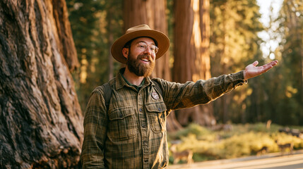 Naklejka premium Bearded Man in Forest Pointing Among Giant Trees