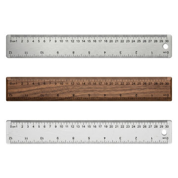 Set of three standard 30cm measuring rulers in different materials