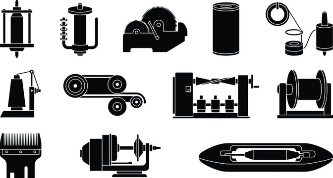 Professional aircraft maintenance and aviation technician tools icons set with black industrial silhouettes isolated on white background