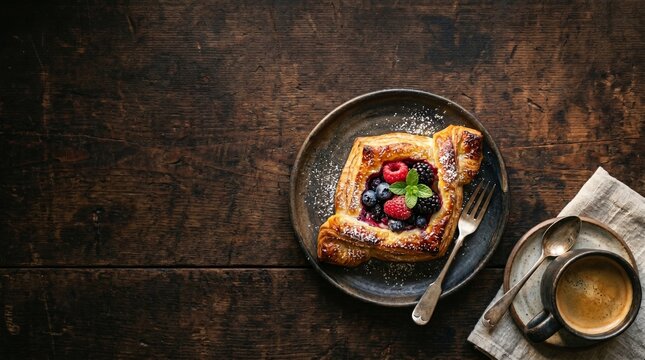 a delicious breakfast or coffee break setup is presented from a top-down view on a rustic wooden table.