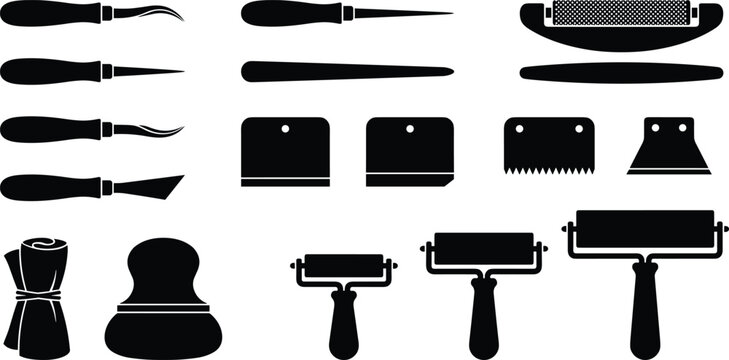 Professional leather crafting and bookbinding workshop hand tools icons set with black silhouettes isolated on white background