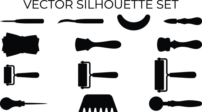 Professional leather crafting and cobbler work hand tools icons set with black silhouettes isolated on white background