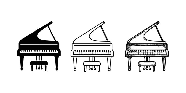Piano set. icon set in three styles bold, line, hand drawn on a white background