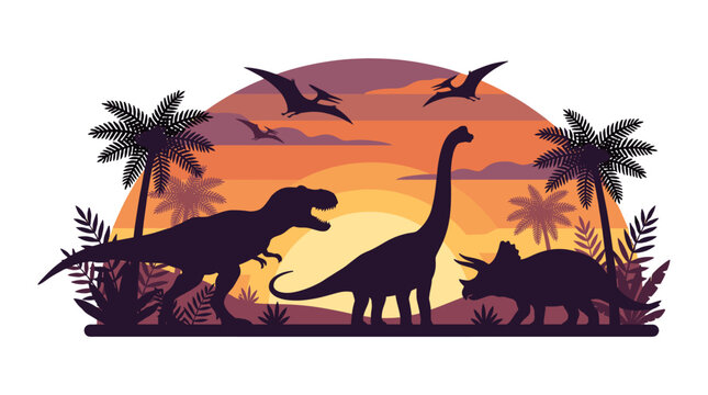 Silhouettes of dinosaurs and palm trees at sunset