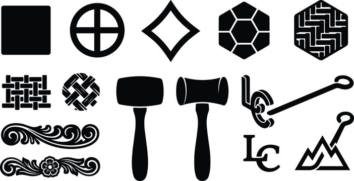 Traditional leather crafting and stamping hand tools icons set with geometric pattern punches black silhouettes isolated on white