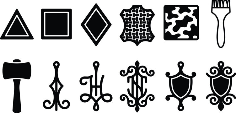 Traditional leather crafting mallets and artisan pattern stamp punches icons set with black silhouettes isolated on white